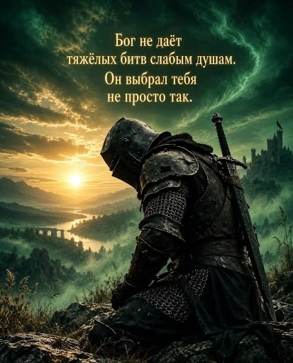 Рыцарь на фоне зелёных гор и заката. Надпись: Бог не даёт тяжёлых битв слабым душам. Он выбрал тебя не просто так.